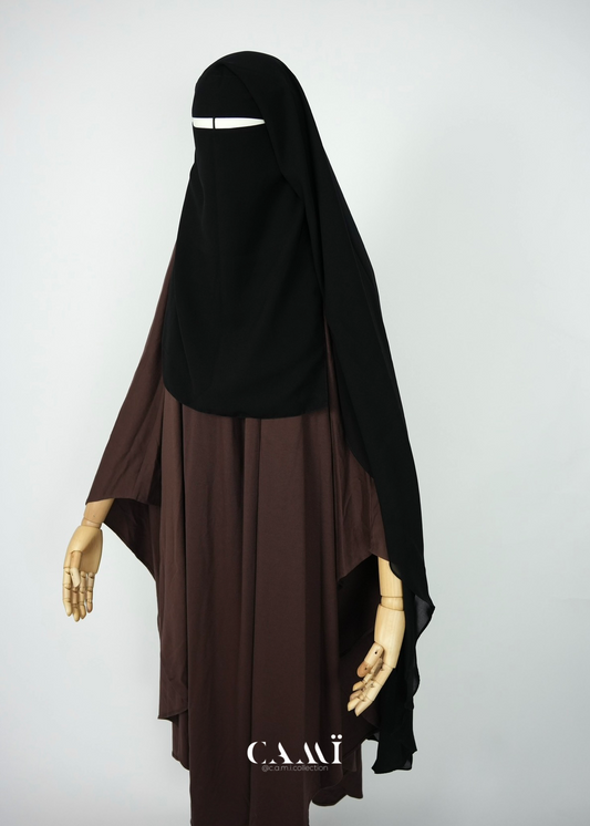 Zweilagiger Niqab extra lang runder Schnitt schwarz
