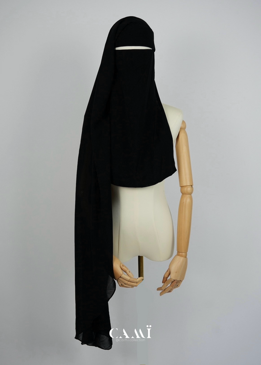 Zweilagiger Niqab extra lang runder Schnitt mit Klappe schwarz